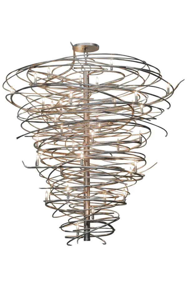 The bold, eye-catching Cyclone simulates whirling winds of energy and gyration with twisting steel that is accentuated with 36 delicately placed beacons to help you weather the storm. The winding mass of steel surrounds a sturdy post, all featured in our Pewter finish. Make an impressive design statement that will wow guests in lobbies, conference rooms, entryways and other residential and commercial spaces. The fixture is handcrafted by master artisans in our Upstate New York manufacturing facility. Custom designs, styles, sizes and dimmable energy efficient lamping such as LEDs are available. This chandelier is UL and cUL listed for damp and dry locations. Collection: Cyclone Finish: Pewter Glass: Grey Width: 73.00" Height: 76.50" Length: 73.00" Weight: 200.00 lb Extension from Wall: 8.00" Number of Bulbs: 36 Maximum Wattage: 60.00 W Bulb Type: B10 Bulb Base: E12 Material: Steel Country of Origin: USA Safety Listing: Damp Safety Rating: Damp