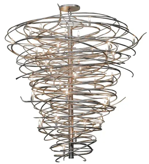 The bold, eye-catching Cyclone simulates whirling winds of energy and gyration with twisting steel that is accentuated with 36 delicately placed beacons to help you weather the storm. The winding mass of steel surrounds a sturdy post, all featured in our Pewter finish. Make an impressive design statement that will wow guests in lobbies, conference rooms, entryways and other residential and commercial spaces. The fixture is handcrafted by master artisans in our Upstate New York manufacturing facility. Custom designs, styles, sizes and dimmable energy efficient lamping such as LEDs are available. This chandelier is UL and cUL listed for damp and dry locations. Collection: Cyclone Finish: Pewter Glass: Grey Width: 73.00" Height: 76.50" Length: 73.00" Weight: 200.00 lb Extension from Wall: 8.00" Number of Bulbs: 36 Maximum Wattage: 60.00 W Bulb Type: B10 Bulb Base: E12 Material: Steel Country of Origin: USA Safety Listing: Damp Safety Rating: Damp - alternate view