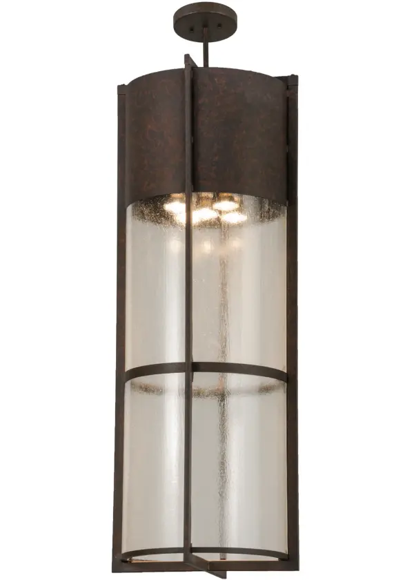 A classic cylindrical lighting design updated with modern materials and technology. Cajun Spice finished hardware, decorative accents and frame complement the Clear Seeded Glass lens for a dramatic look. The overall height ranges from 52 to 141 inches as the stem can be adjusted in our factory to meet your lighting needs. The Shelby Pendant is featured in our American made, American designed handcrafted Contemporary Collection. Manufactured in Yorkville, New York. UL and cUL listed for dry and damp locations. Collection: Shelby Finish: Cajun Spice Glass: Clear Seeded Glass Width: 18.00" Height: 52.00" Length: 18.00" Weight: 55.00 lb Extension from Wall: 5.00" Number of Bulbs: 5 Maximum Wattage: 40.00 W Bulb Type: PAR20 Bulb Base: E26 Light Source: Halogen Material: Steel Country of Origin: USA Safety Listing: Damp Safety Rating: Damp