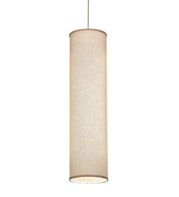 Designed with a sleek, cylindrical profile and a clean architectural look, this appealing ceiling pendant defines a sophisticated aesthetic. This fixture features a distinctive Honey Bombay Textrene shade, which is enhanced with a Botticino Idalight bottom diffuser. The hardware is featured in a Nickel powdercoat finish. This pendant is illuminated with two customer-supplied LED T5 Lamps. Handcrafted by highly skilled artisans in our manufacturing facility in Upstate New York, this transitional styled pendant is available in a wide range of custom choices including various designs, colors and sizes. This fixture is UL and cUL listed for damp and dry locations. Collection: Cilindro Textrene Finish: Nickel Glass: Honey Bombay Textrene/Botticino Idalight Width: 10.00" Height: 42.00" Length: 10.00" Weight: 6.50 lb Number of Bulbs: 2 Maximum Wattage: 14.00 W Bulb Type: T5 Bulb Base: G5 BI PIN Light Source: LED Material: Steel Country of Origin: USA Safety Listing: Dry Safety Rating: Dry Energy Efficient LED