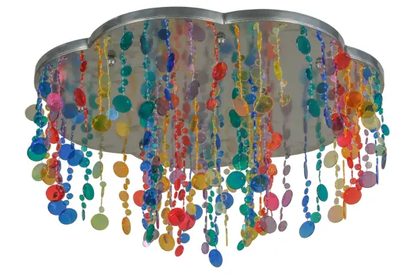 This is a non-illuminated decoratve ceiling ornament. There is no lamping. Collection: Celebration Finish: Extreme Chrome Glass: Multi Colored Acrylic Width: 16.00" Height: 8.00" Length: 16.00" Weight: 6.50 lb Number of Bulbs: 8 Bulb Base: E12 Material: Steel Country of Origin: USA Safety Listing: Dry Safety Rating: Dry