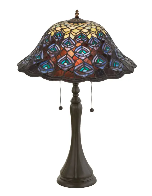 As distinctive as a beautiful Peacock's feathers; no two shades will ever be the same as their individuality can be as remarkably unique as their personality. This artistic creation utilizes swirling opalescent art glass background combinations including Beige Amber; Yellow Pinks; Red Purples; Golden Blues and Greens; Ivories; Bluish Whites; Turquoise Blues; Periwinkle; Olive and Spring Greens; Pale Yellow; Amethyst; Emerald and Topaz. The eye of the plumage design reveals Purples; Pastel Blues; Teals; Cobalt and Ivories. Individual pieces of glass are hand cut and wrapped using Meyda Tiffany's famous copperfoil construction. Each shade is a unique work of art with color variations based on natural ingredients inherent in the glass. Mahogany Bronze finish.