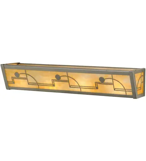 This decorative vanity light features a stunning design combination of straight and curved lines which are reminiscent of the Art Deco era. The decorative accents are featured in a Nickel powder coat finish. The wall fixture is enhanced with stunning Beige Art Glass panels. This fixture can be used for vanity lighting in a fine bath or as a wall sconce in other rooms. Handcrafted by highly skilled artisans in our 180,000 square foot manufacturing facility in Yorkville, New York. Fixture styles, metal finishes and sizes can be customized. UL and cUL listed for dry and damp locations. Collection: Revival Finish: Nickel Glass: Beige Art Glass Width: 24.00" Height: 4.50" Length: 5.50" Weight: 6.50 lb Extension from Wall: 5.50" Number of Bulbs: 4 Maximum Wattage: 60.00 W Bulb Type: A19 Bulb Base: E26 Material: Steel Country of Origin: USA Safety Listing: Damp Safety Rating: Damp - alternate view