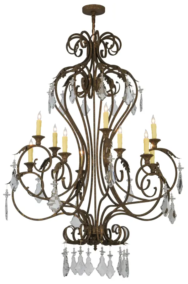 Offering luxurious charm and elegance, Josephine features a sophisticated chandelier design with Hand-forged scrolled arms, finial and Acanthus leaf accents in a stunning Pompeii Gold finish. The exquisite chandelier features 10 coordinating Pompeii Gold finished candlelights perched on decorative bobeches for beautiful ambient illumination and complemented with Crystal Pendalogues. Custom crafted in the USA, this lovely fixture is available in custom sizes, styles and colors, as well as dimmable energy efficient lamping options such as LED. The chandelier is UL and cUL listed for dry and damp locations. Collection: Josephine Finish: Pompeii Gold Glass: Ivory W/Drips Width: 48.00" Height: 70.50" Length: 48.00" Weight: 52.00 lb Extension from Wall: 3.75" Number of Bulbs: 10 Maximum Wattage: 40.00 W Bulb Type: BA9 Bulb Base: Candelabra Material: Steel Country of Origin: USA Safety Listing: Damp Safety Rating: Damp