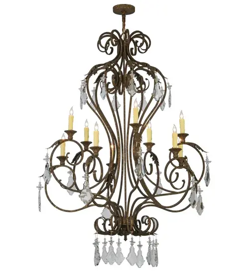 Offering luxurious charm and elegance, Josephine features a sophisticated chandelier design with Hand-forged scrolled arms, finial and Acanthus leaf accents in a stunning Pompeii Gold finish. The exquisite chandelier features 10 coordinating Pompeii Gold finished candlelights perched on decorative bobeches for beautiful ambient illumination and complemented with Crystal Pendalogues. Custom crafted in the USA, this lovely fixture is available in custom sizes, styles and colors, as well as dimmable energy efficient lamping options such as LED. The chandelier is UL and cUL listed for dry and damp locations. Collection: Josephine Finish: Pompeii Gold Glass: Ivory W/Drips Width: 48.00" Height: 70.50" Length: 48.00" Weight: 52.00 lb Extension from Wall: 3.75" Number of Bulbs: 10 Maximum Wattage: 40.00 W Bulb Type: BA9 Bulb Base: Candelabra Material: Steel Country of Origin: USA Safety Listing: Damp Safety Rating: Damp - alternate view