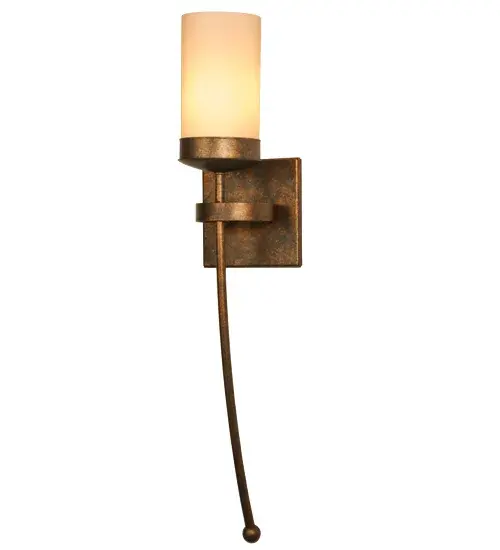 Invite handsome styling that greets a distinctive sophisticated look with the Bechar wall sconce. A Stone Cylindre is perched atop of a custom tailored bobeche accented with a long slender decorative stem embellished with a ball tip for a high level of aesthetic appeal. A handsome square backplate is complemented with a curved band. The wall fixture is Hand Forged and Hand Finished in Gilded Tobacco. Ideal for homes, restaurants, pubs, hotels and other fine interiors. The fixture is custom crafted by artisans in our 180,000 square foot manufacturing facility in Yorkville, New York. Metal finishes and lens colors can be customized to meet your specifications. UL & cUL listed for dry and damp locations. Collection: Bechar Finish: Gilded Tobacco Glass: Custom Stone Cylindre Width: 6.00" Height: 28.50" Length: 6.00" Weight: 3.50 lb Extension from Wall: 6.00" Number of Bulbs: 1 Maximum Wattage: 40.00 W Bulb Type: B10 Bulb Base: E12 Material: Steel Country of Origin: USA Safety Listing: Damp Safety Rating: Damp - alternate view