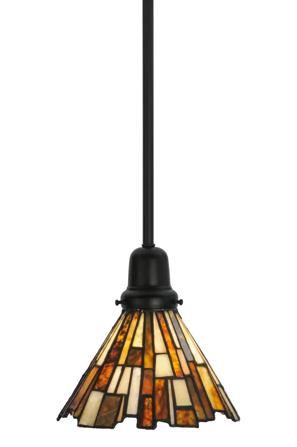 Thinly hand carved and polished natural Jadestone in earthy tones of Moss Green, Tan, Natural Ivory and Coral become luminescent in this unique tile patterned pendant shade and complemented with hardware finished in Solar Black. The natural stone shade is crafted using the famous copperfoil construction process that creates Tiffany stained glass lamps and fixtures. Collection: Delta Finish: Solar Black Glass: Beige & Honey Amber Jadestone Width: 8.00" Height: 52.00" Length: 8.00" Weight: 1.00 lb Number of Bulbs: 1 Maximum Wattage: 60.00 W Bulb Type: A19 Bulb Base: E26 Material: Brass Country of Origin: USA Safety Listing: Damp Safety Rating: Damp