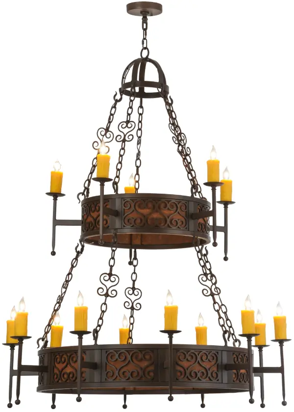 An exquisite two tier chandelier design comes to light with all of the sparkle of a regal castle, conjuring up images of romantic bygone days. 15 Amber faux candlelights perched on bobeches with ballpoint accents are embraced by linear arms with scroll accents. The inner bands feature a Rust finish while the steel frame, accents and hardware are offered in a Cafe Noir finish. Handcrafted by highly skilled artisans in our 180,000 square foot manufacturing facility in Yorkville, New York. Custom styles, sizes and designs available. Energy efficient lamping options such as LED are offered. UL and cUL listed for dry and damp locations. Collection: Toscano Finish: Cafe Noir Natural Rust Glass: Amber Width: 48.00" Height: 66.00" Length: 48.00" Weight: 82.00 lb Number of Bulbs: 15 Maximum Wattage: 60.00 W Bulb Type: B10 Bulb Base: E12 Material: Steel Country of Origin: USA Safety Listing: Damp Safety Rating: Damp
