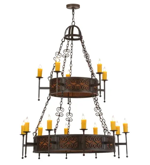 An exquisite two tier chandelier design comes to light with all of the sparkle of a regal castle, conjuring up images of romantic bygone days. 15 Amber faux candlelights perched on bobeches with ballpoint accents are embraced by linear arms with scroll accents. The inner bands feature a Rust finish while the steel frame, accents and hardware are offered in a Cafe Noir finish. Handcrafted by highly skilled artisans in our 180,000 square foot manufacturing facility in Yorkville, New York. Custom styles, sizes and designs available. Energy efficient lamping options such as LED are offered. UL and cUL listed for dry and damp locations. Collection: Toscano Finish: Cafe Noir Natural Rust Glass: Amber Width: 48.00" Height: 66.00" Length: 48.00" Weight: 82.00 lb Number of Bulbs: 15 Maximum Wattage: 60.00 W Bulb Type: B10 Bulb Base: E12 Material: Steel Country of Origin: USA Safety Listing: Damp Safety Rating: Damp - alternate view
