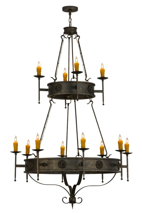 This Lorenzo grand chandelier integrates a rich charm and artistic look. Floral medallions accentuate this stunning steel chandelier, which is adorned with 12 exquisite Amber faux candlelights perched on bobeches with long ballpoint arms: 4 on the upper tier and 8 on the lower tier. The fixture is enhanced with hand forged hardware and a scrolled finial featured in a handsome French Bronze finish. The fixture is ideal for entryways, dining areas, ballrooms and other rooms in a variety of residential and commercial settings. The chandelier is handcrafted by highly skilled artisans in the USA. Options include dimmable energy efficient lamping, as well as custom sizes, styles and colors. The fixture is UL and cUL listed for damp and dry locations. Collection: Lorenzo Finish: French Bronze Glass: Amber Width: 48.00" Height: 79.00" Length: 48.00" Weight: 100.00 lb Number of Bulbs: 12 Maximum Wattage: 60.00 W Bulb Type: B10 Bulb Base: E12 Material: Steel Country of Origin: USA Safety Listing: Damp Safety Rating: Damp