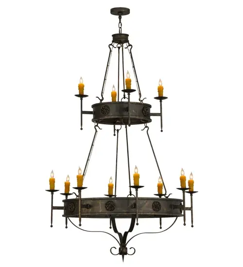 This Lorenzo grand chandelier integrates a rich charm and artistic look. Floral medallions accentuate this stunning steel chandelier, which is adorned with 12 exquisite Amber faux candlelights perched on bobeches with long ballpoint arms: 4 on the upper tier and 8 on the lower tier. The fixture is enhanced with hand forged hardware and a scrolled finial featured in a handsome French Bronze finish. The fixture is ideal for entryways, dining areas, ballrooms and other rooms in a variety of residential and commercial settings. The chandelier is handcrafted by highly skilled artisans in the USA. Options include dimmable energy efficient lamping, as well as custom sizes, styles and colors. The fixture is UL and cUL listed for damp and dry locations. Collection: Lorenzo Finish: French Bronze Glass: Amber Width: 48.00" Height: 79.00" Length: 48.00" Weight: 100.00 lb Number of Bulbs: 12 Maximum Wattage: 60.00 W Bulb Type: B10 Bulb Base: E12 Material: Steel Country of Origin: USA Safety Listing: Damp Safety Rating: Damp - alternate view