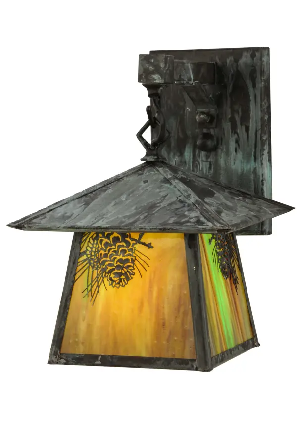 Delicately etched of Solid Brass; Winter Pinecones and Pine Needles glow on a stunning Beige Iridescent Glass background. Rustic charm comes alive with soft ambient light from this Nature Inspired wall fixture; enhanced with a Verdigris finish. This handsome luminaire is ideal for illuminating the interiors and exteriors of timber homes; modern farmhouses and other spaces. The Stillwater Winter Pine Deck Light is featured in our American-made; American designed handcrafted Craftsman Signature Lighting Collection. Manufactured in Yorkville; New York. UL and cUL listed for dry; damp and wet locations.