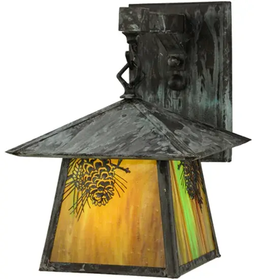 Delicately etched of Solid Brass; Winter Pinecones and Pine Needles glow on a stunning Beige Iridescent Glass background. Rustic charm comes alive with soft ambient light from this Nature Inspired wall fixture; enhanced with a Verdigris finish. This handsome luminaire is ideal for illuminating the interiors and exteriors of timber homes; modern farmhouses and other spaces. The Stillwater Winter Pine Deck Light is featured in our American-made; American designed handcrafted Craftsman Signature Lighting Collection. Manufactured in Yorkville; New York. UL and cUL listed for dry; damp and wet locations. - alternate view