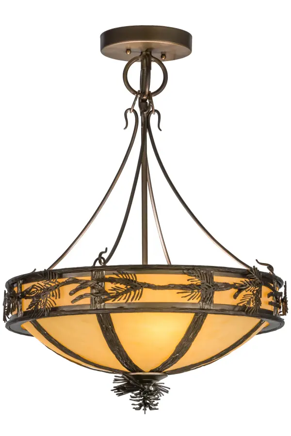 Rustic charm is defined with natural looking steel pine tree branches and pine needles that adorn stunning Tawnyrock Idalight with hardware featured in an Antique Copper finish; and accented with a pinecone on the bottom of the shade. The fixture utilizes inner lamps for decorative lighting and uplights for a pleasant ambiance. This handsome fixture is custom crafted by Meyda artisans in Upstate New York; at the foothills of the glorious Adirondack Mountains. Custom styles; colors and sizes are available; as well as dimmable energy efficient lamping options.