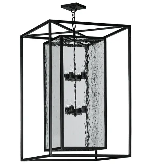 A sophisticated architecturally styled fixture is designed with a pizazz that is unique, fresh and stylish. Give your decor an extra edge with this breathtaking pendant, which is highlighted with a solid metal structure that surrounds a Clear Water Glass Lens. The sturdy hardware and frame are featured in a handsome Solar Black finish. Handcrafted in the USA, Kitzi is available in custom sizes, styles and finishes, as well as dimmable energy efficient lamping options. The 28-inch square fixture is UL and CUL listed for dry and wet locations. Collection: Kitzi Box Finish: Solar Black Glass: Clear Waterglass Width: 39.00" Height: 49.00" Length: 28.00" Weight: 71.00 lb Number of Bulbs: 8 Maximum Wattage: 60.00 W Bulb Type: F15 Bulb Base: E26 Material: Steel Country of Origin: USA Safety Listing: Damp Safety Rating: Damp - alternate view