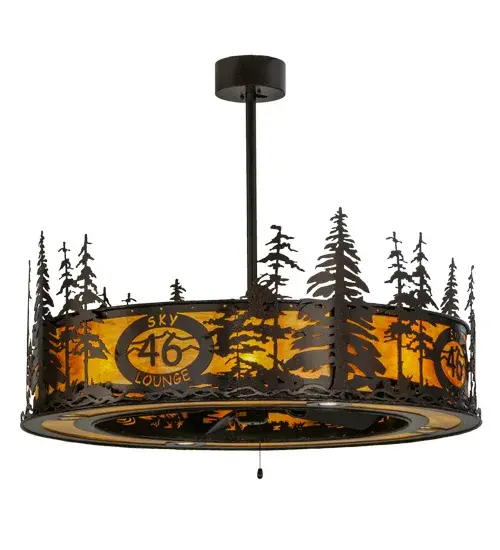 The stunning nature-inspired Tall Pines design is featured in our award-winning Chandel-Air collection and personalized with the Sky Lounge 46 logo. This fan-integrated custom lighting fixture features Pine Tree and woodland metal silhouettes in a Copper Vein finish. An Ambra Siena Idalighht diffuser illuminates while gentle breezes are created by a fan spinning quietly in the center. Multiple layers of light for different moods and tasks include 12 inner lights to bring out the beauty of the Idalight; four uplights for ambient illumination; and four downlights for functional illumination on surfaces below. The Tall Pines design is inspired by the Coconino National Forest in Arizona; to the Deschutes National Forest in Oregon; to the Ancient Bristlecone Pine Forest of California. This Chandel-air is ideal for use in a dining room; living space; kitchen; and other rooms in residential; hospitality; and commercial settings. In summer; the fan pushes down a windchill that circulates to keep the space cool and comfortable. In winter; the fan is reversed to pull the room air towards the ceiling; forcing the warm air back down & circulate to create warmth. The Tall Pines Chandel-Air is included in our American-made; American-designed; handcrafted Chandel-Air Collection and manufactured in Yorkville; NY. UL & cUL listed for dry and damp locations and featured in The 46 Lounge & Sky Bar in Old Forge; New York. Feel free to send in your design so we can personalize the fixture with your camp or brand name. - alternate view