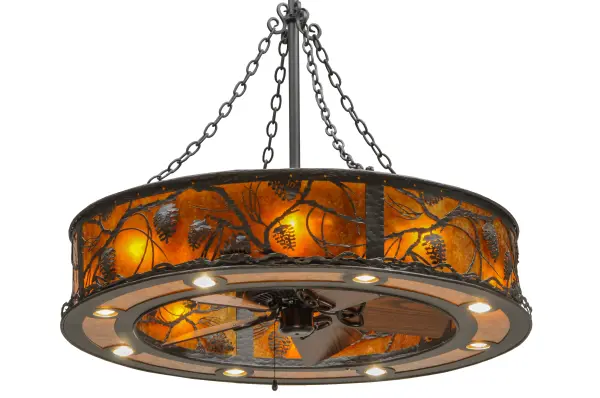 Custom lighting meets energy efficient fan technology. Enjoy the ambiance of light diffused through the rustic shade's Amber Mica panels featuring stunning pinecones and pine branches while gentle breezes are produced from the 30-inch Piccolo Fan with Dark Oak blades spinning quietly in the center. Hand finished in a handsome Oil Rubbed Bronze and handcrafted by skilled artisans in Yorkville NY. 8 Customer supplied Medium base lamps bring out the beauty of the Mica while 8 Customer supplied downlights provide functional illumination. Create the design colors; and the size and style of your choice. Can be adjusted to accommodate flat or vaulted ceilings of any pitch or height. Operates with optional 2-circuit remote control with 3-speed fan control and dimming capabilities up to 200w max. Energy efficient lamping options.