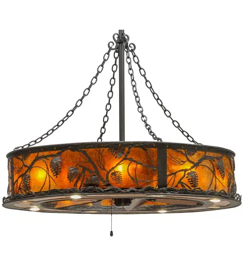 Custom lighting meets energy efficient fan technology. Enjoy the ambiance of light diffused through the rustic shade's Amber Mica panels featuring stunning pinecones and pine branches while gentle breezes are produced from the 30-inch Piccolo Fan with Dark Oak blades spinning quietly in the center. Hand finished in a handsome Oil Rubbed Bronze and handcrafted by skilled artisans in Yorkville NY. 8 Customer supplied Medium base lamps bring out the beauty of the Mica while 8 Customer supplied downlights provide functional illumination. Create the design colors; and the size and style of your choice. Can be adjusted to accommodate flat or vaulted ceilings of any pitch or height. Operates with optional 2-circuit remote control with 3-speed fan control and dimming capabilities up to 200w max. Energy efficient lamping options. - alternate view
