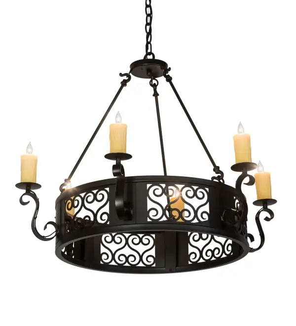 Exquisite styling and luxurious charm are reflected in this elaborate lighting masterpiece. Liesel features an elegant design adorned with appealing scrollwork, frame and hardware in a bold Blackwash finish. Perfect for illuminating lobbies, dining rooms, and other spaces, the sophisticated chandelier is adorned with 6 Ivory faux candlelights perched on delicate bobeches and designed for beautiful ambient light. The 3-foot wide fixture features hand detailed American craftsmanship perfected by years of time-honored artistry in our 180,000 square foot manufacturing facility in Upstate NY. Custom sizes, styles, and colors are available, as well as dimmable energy efficient lamping options. UL and cUL listed for damp and dry locations. Collection: Liesel Finish: Blackwash Glass: Black Glass Width: 36.00" Height: 31.00" Length: 36.00" Weight: 31.00 lb Number of Bulbs: 6 Maximum Wattage: 60.00 W Bulb Type: B10 Bulb Base: E12 Material: Steel Country of Origin: USA Safety Listing: Damp Safety Rating: Damp
