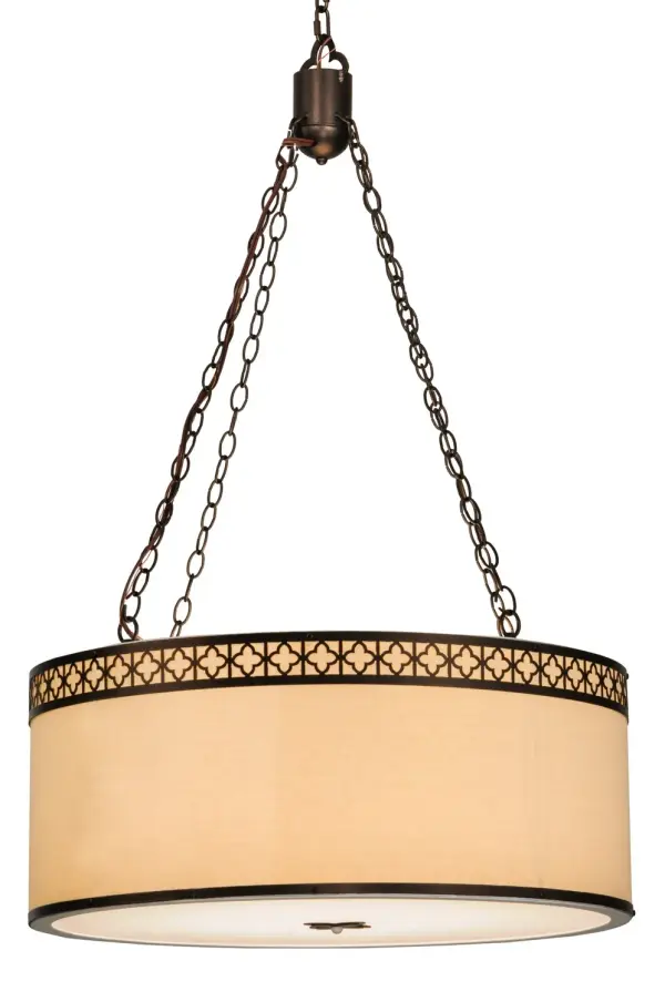 Designed with a stunning, round profile that fits into fine homes, hotels and other commercial and hospitality locations, this pendant defines a distinctive sophisticated aesthetic. The Beige Textrene shade is complemented with Quatrefoil accents and hardware featured in a Mahogany Bronze finish and enhanced with a Statuario Idalight bottom diffuser. Handcrafted in the USA, this fixture is available in custom colors, styles and sizes, as well as dimmable energy efficient lamping options such as LED. The pendant is UL and cUL listed for damp and dry locations. Collection: Cilindro Finish: Mahogany Bronze Glass: Beige Textrene Width: 30.00" Height: 49.00" Length: 30.00" Weight: 25.00 lb Number of Bulbs: 8 Maximum Wattage: 60.00 W Bulb Type: A19 Bulb Base: E26 Light Source: LED Color Temperature: 6000 K Material: Steel Country of Origin: USA Safety Listing: Damp Safety Rating: Damp LED
