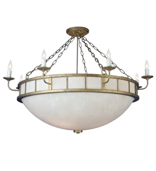 Elegant and stylish. This inverted pendant adds stunning beauty to any room. The gorgeous fixture features a Whitestone Idalight curvaceous shade enhanced with a Corinth finish. The ceiling fixture is the perfect centerpiece for illuminating hallways, entryways, and other residential and commercial areas in Manhattan, New York, Washington D.C., and Los Angeles, California. This breathtaking ceiling fixture uses 12 inner lights to bring out the beauty of the Idalight and eight White faux candlelights for beautiful ambient illumination. The decorative candlelights and inner lights benefit from separate circuits to give you precise dimming control over both layers of light to create the perfect ambiance in the space. The Dacia Inverted Pendant is included in our American-designed, handcrafted Transitional Lighting Collection. UL and cUL listed for dry and damp locations. Collection: Dacia Finish: Corinth Glass: Whitestone Idalight Width: 54.00" Height: 36.00" Length: 54.00" Weight: 76.00 lb Extension from Wall: 7.00" Number of Bulbs: 8 Maximum Wattage: 40.00 W Bulb Type: BA9 Bulb Base: E12 Material: Wrought Iron Country of Origin: USA Safety Listing: Dry Safety Rating: Damp