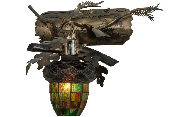 Rustic charm is revealed with this elegant; nature inspired design as stunning Oak leaves and branches adorn this Acorn shade featuring hues of Amber and Green; crowned with Bark Brown art glass The decorative accents and hardware are featured in a Burnished Antique Copper finish. The most powerful of all trees; the mighty Oak and all of its leaves represent courage and strength. The fixture is handcrafted in the Meyda manufacturing facility; at the foothills of the majestic Adirondack Mountains in the USA. Custom colors; styles; sizes and dimmable energy efficient lamping options are available.