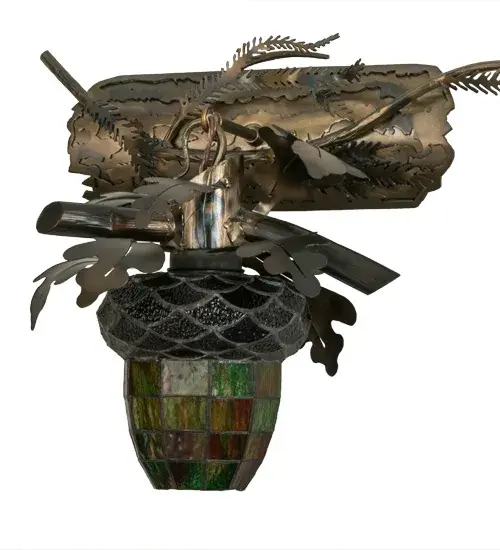 Rustic charm is revealed with this elegant; nature inspired design as stunning Oak leaves and branches adorn this Acorn shade featuring hues of Amber and Green; crowned with Bark Brown art glass The decorative accents and hardware are featured in a Burnished Antique Copper finish. The most powerful of all trees; the mighty Oak and all of its leaves represent courage and strength. The fixture is handcrafted in the Meyda manufacturing facility; at the foothills of the majestic Adirondack Mountains in the USA. Custom colors; styles; sizes and dimmable energy efficient lamping options are available. - alternate view