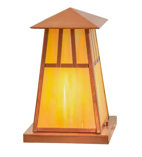 Custom made from Solid Copper. A stunning Craftsman Signature design statement is evoked with a dramatic Mission styled straight line design. Highlighted with Beige Iridescent and decorative accents and hardware featured in a Natural Copper finish. This indoor/outdoor pier mount can be mounted directly on to decks; decorative columns and other spaces in residential; hospitality and commercial environments. Handcrafted in our 180;000 square foot manufacturing facility in Yorkville; New York. Diffuser colors; metal finishes and fixture sizes can be customized to your needs. UL and cUL listed for dry; damp and wet locations. - alternate view