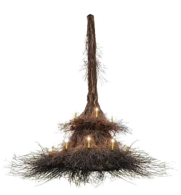 Meyda artisanship embraces Mother Nature. Two- tiered illuminating candelabras appear to bud and grow from twigs and branches hand harvested from low hanging; tree-friendly sun growth in the Adirondack mountains. All natural materials are hand woven like wicker around a rugged steel frame which suspends the chandelier from ceiling. Ideal for lobbies; entrance ways and other large interiors. Handmade in the Meyda manufacturing facility in Yorkville; NY.