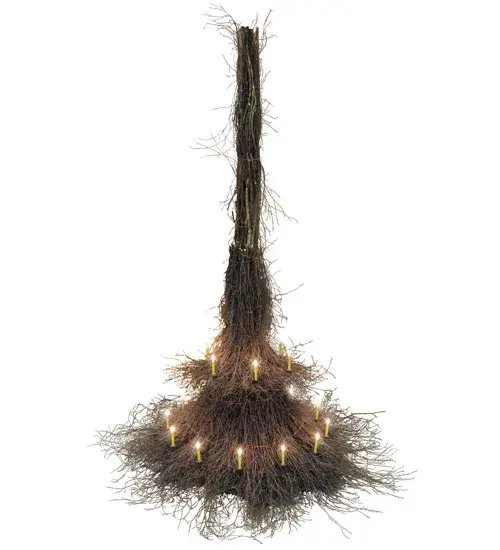Meyda artisanship embraces Mother Nature. Two- tiered illuminating candelabras appear to bud and grow from twigs and branches hand harvested from low hanging; tree-friendly sun growth in the Adirondack mountains. All natural materials are hand woven like wicker around a rugged steel frame which suspends the chandelier from ceiling. Ideal for lobbies; entrance ways and other large interiors. Handmade in the Meyda manufacturing facility in Yorkville; NY. - alternate view