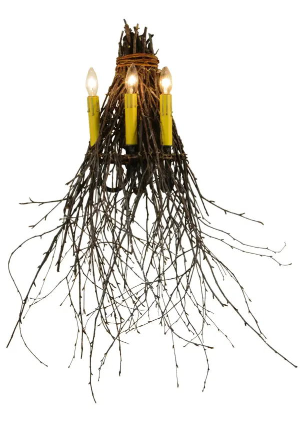 Bring Mother Nature into your home with Natural Hickory and Birchwood Twigs and Branches intertwined to create this wall sconce. 3 Ivory faux candlelights appear to bud and grow from twigs and branches sustainably harvested by hand from low-hanging; tree-friendly sun growth in the Adirondack mountains. The sconce is enhanced with a warm Timeless Bronze finish. Perfect for residential; restaurants; inns; lodges and wedding venues. Handcrafted in our 180;000 square foot manufacturing facility in Yorkville; New York. Candlelight colors; metal finishes and fixture sizes can be customized to your needs. UL and cUL listed for dry and damp locations.