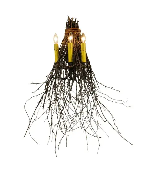 Bring Mother Nature into your home with Natural Hickory and Birchwood Twigs and Branches intertwined to create this wall sconce. 3 Ivory faux candlelights appear to bud and grow from twigs and branches sustainably harvested by hand from low-hanging; tree-friendly sun growth in the Adirondack mountains. The sconce is enhanced with a warm Timeless Bronze finish. Perfect for residential; restaurants; inns; lodges and wedding venues. Handcrafted in our 180;000 square foot manufacturing facility in Yorkville; New York. Candlelight colors; metal finishes and fixture sizes can be customized to your needs. UL and cUL listed for dry and damp locations. - alternate view
