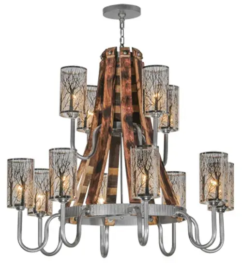 Elegant; luxurious charm is inspired by antique staves traditionally bound by metal hoops in the construction of beer and whisky barrels and wine casks. Hammered Brushed Nickel finished band and curved arms with bobeches embrace 12 artistic shades featuring breathtaking silhouettes of Maple Trees with stark branches. Shades align around the Charred Wooden Barrel Stave frame like soldiers at attention in abeyance of the barrel to which they serve. Overall height ranges from 46 to 165 inches as chain easily adjusts in the field. The Barrel Stave Winter Maple Chandelier is featured in our American made; American designed handcrafted Contemporary Rustic Collection. Manufactured in Yorkville; New York. UL and cUL listed for dry & damp locations. - alternate view