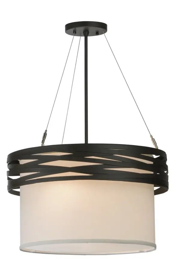 A mesmerizing architectural design comes to light with the Cilindro Complex Pendant. Designed with a clean round design and refined styling, the sleek White Textrene profile is crowned with a stunning wreath of twisting metal enhanced with an Oil Rubbed Bronze finish. Install these pendants in groups to illuminate bars, counters, and tables in residential, commercial, and hospitality settings, from Buffalo, New York, to Houston, Texas, to Fremont, California. The Cilindro Complex Pendant is included in our American-made, American-designed, handcrafted Transitional Lighting Collection and is manufactured in Yorkville, New York. UL and cUL listed for dry and damp locations, however, we do not recommend installing it in spaces that experience a large amount of moisture due to the fabric shade. Collection: Cilindro Finish: Oil Rubbed Bronze Glass: White Textrene Width: 18.00" Height: 25.00" Length: 18.00" Weight: 7.00 lb Number of Bulbs: 2 Maximum Wattage: 60.00 W Bulb Type: A19 Bulb Base: E26 Material: Steel Country of Origin: USA Safety Listing: Damp Safety Rating: Damp