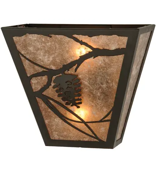 Listen closely! You can almost hear the soft whisper of the pine branches as they dance in the wind. Enjoy the warm ambiance of soft beautiful light diffused through this rustic sconce shade's Silver Mica featuring stunning pinecone and pine branch designs. Hand finished in handsome Mahogany Bronze and handcrafted IN OUR 180,000 square foot Yorkville, New York facility. Create the design, colors, and the size and style of your choice. Energy efficient lamping options available. Collection: Whispering Pines Finish: Mahogany Bronze Glass: Silver Mica Width: 13.00" Height: 11.50" Length: 6.50" Weight: 3.50 lb Extension from Wall: 6.50" Number of Bulbs: 2 Maximum Wattage: 60.00 W Bulb Type: A19 Bulb Base: Medium Material: Steel Country of Origin: USA Safety Listing: Damp Safety Rating: Damp - alternate view