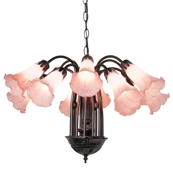 Recreating the famous Tiffany design from the early 1900s. This elegant chandelier features 12 Pink Favrile Style art glass shades. An elegant cast metal hub embraces the Lily shades with floral style fitters finished by hand in Mahogany Bronze. The Pond Lily Chandelier is included in our American-designed, handcrafted Favrile Glass Lighting Collection. UL and cUL listed for dry and damp locations. Each shade is a unique work of art with color variations based on natural ingredients inherent in the glass. Please contact us if color matching is critical when ordering multiple items. Collection: Pink Finish: Mahogany Bronze Glass: Pink Width: 24.00" Height: 18.00" Length: 24.00" Weight: 9.00 lb Number of Bulbs: 12 Maximum Wattage: 15.00 W Bulb Type: B10 Bulb Base: E12 Material: Steel Country of Origin: CHINA Safety Rating: Damp