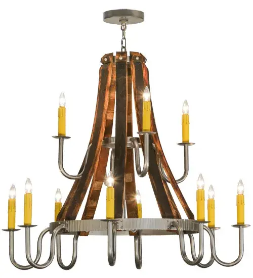 A Hand hammered Metal Banded belt embellishes this breathtaking chandelier. 12 Ivory faux candlelights embraced by delicate bobeche are attached to gracefully curved arms and provide decorative lighting in lobbies, ballrooms and large spaces in homes, hotels, retailers and other commercial locations. The frame is constructed of Nickel powder coated steel and enhanced with wood. Overall height ranges from 45 to 224 inches as the chain length can be easily adjusted in the field to accommodate your specific lighting application needs. Handcrafted in our 180,000 square foot manufacturing facility in Yorkville, NY. Fixture designs, metal finishes and sizes can be customized to meet your needs. UL and cUL listed for damp and dry locations. Collection: Barrel Stave Finish: Nickel Powder Coat Glass: White,Black Width: 44.00" Height: 45.00" Length: 44.00" Weight: 64.00 lb Number of Bulbs: 12 Maximum Wattage: 60.00 W Bulb Type: F15 Bulb Base: E26 Material: Steel Country of Origin: USA Safety Listing: Damp Safety Rating: Damp - alternate view
