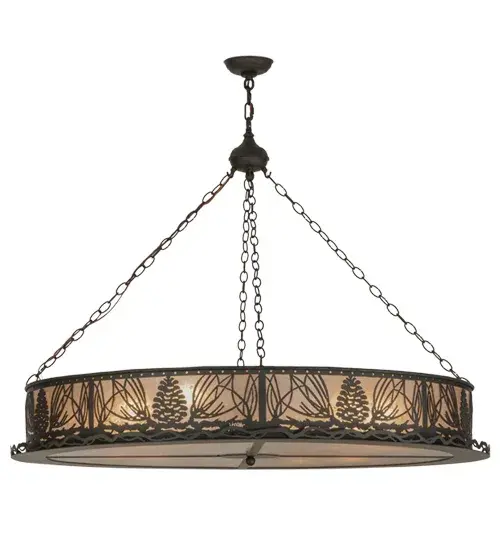Mother nature comes to light as Mountain Pinecones and Pine Needles are featured on this unique nature inspired ceiling pendant. The charm of the forest comes alive with soft ambient light emanating through the Silver Mica shade. The luminaire is enhanced with an Oil Rubbed Bronze finish. The overall height ranges from 40 to 207 inches as the chain length can be easily adjusted in the field to accommodate your specific lighting application needs. Custom crafted by highly skilled artisans in our 180;000 square foot manufacturing facility in Yorkville; New York. Shade styles; metal finishes and pendant sizes can be customized. UL and cUL listed for dry and damp locations. - alternate view