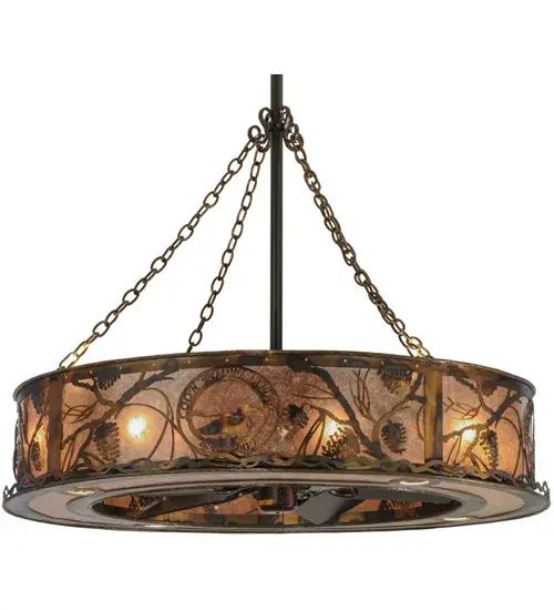 Whether we you call it the award-winning Chandel-Air or a Fan-deLight; you can be the first kid on the block to enjoy the ambiance of light diffused through this customized rustic shade's Silver Mica panels featuring stunning pinecones and pine branches. Custom logo features the name Loon Point Lodge. Gentle breezes are produced from the 30-inch Fan spinning quietly in the center. Hand finished in a handsome Burnished Antique Copper and handcrafted by Meyda Artisans in Yorkville NY. Create the design colors; and the size and style of your choice. Can be adjusted to accommodate flat or vaulted ceilings of any pitch or height. Operates with optional 2-circuit remote control with 3-speed fan control and dimming capabilities up to 200w max. - alternate view