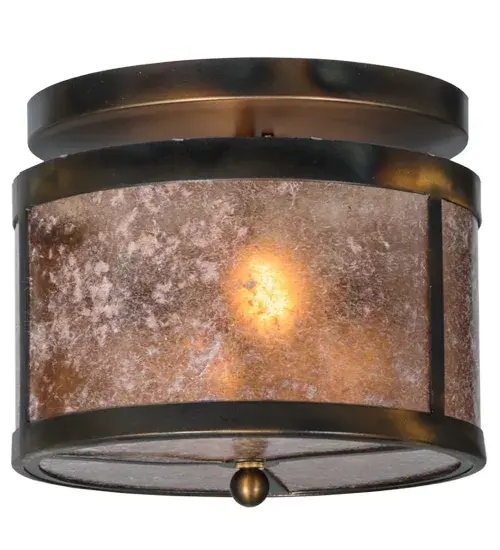 Inspired by the renowned Arts and Crafts movement in architectural design. This handsome barrel-shaped ceiling fixture allows soft; beautiful ambient light to gently evoke from a stunning Silver Mica diffuser. The Dark Burnished Antique Copper finished hardware and frame is an impressive complement to this shade. The Smythe Craftsman Flushmount is featured in our American-made; American-designed handcrafted Craftsman Collection and manufactured in Yorkville; New York. UL and cUL listed for dry and damp locations. - alternate view