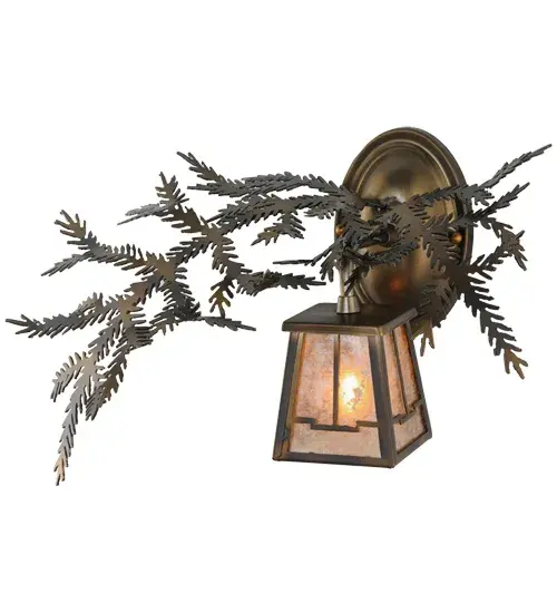 Enjoy the natural beauty of the American woodlands with this stunning wall luminaire. Designed with Light Burnished Antique Copper finished decorative metal branches and pine needles; the fixture illuminates a Mission-styled lantern featuring a lovely Silver Mica lens. Inspired by Pine Forests located in the Bienville forest in central Mississippi; to the Ashley National Forest in Utah and Wyoming; to the Beaverhead-Deerlodge Forest in Montana. The fixture can be used as a vanity light in a fine bath or as a wall sconce in a hallway and other rooms in lodges; camps; and other residential and hospitality locations. This wall fixture matches model 147379; the Pine Branch Valley View Right Wall Sconce. The Pine Branch Valley View Left Wall Sconce is included in our American-made; American designed handcrafted Nature Inspired Collection and manufactured in Yorkville; New York. UL and cUL listed for dry and damp locations. - alternate view