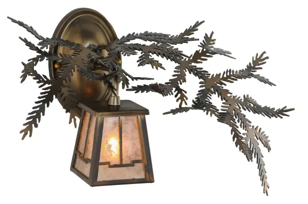 Enjoy the natural beauty of the American woodlands with this stunning wall luminaire.? Designed with Light Burnished Antique Copper finished decorative metal branches and pine needles; the fixture illuminates a Mission-styled lantern featuring a lovely Silver Mica lens. We were inspired by Pine Forests located in the Bienville forest in central Mississippi; to the Ashley National Forest in Utah and Wyoming; to the Beaverhead-Deerlodge Forest in Montana. The fixture can be used as a vanity light in a fine bath or as a wall sconce in a hallway and other rooms in lodges; camps; and other residential and hospitality locations. This wall fixture matches model 147378; the Pine Branch Valley View Left Wall Sconce. The Pine Branch Valley View Right Wall Sconce is included in our American-made; American designed handcrafted Nature Inspired Collection and manufactured in Yorkville; New York. UL and cUL listed for dry and damp locations.