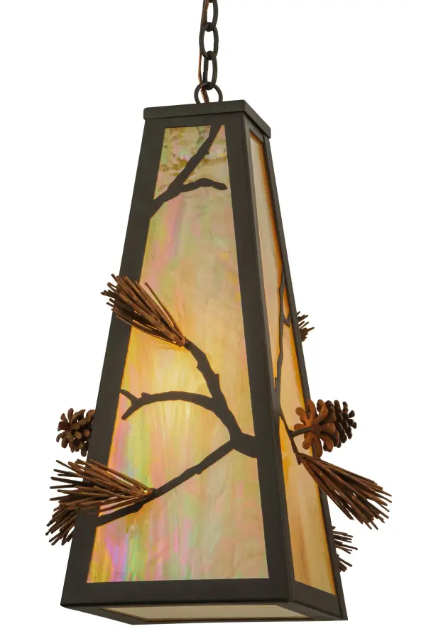 Every Meyda Tiffany item is a unique handcrafted work of art. Natural variations in the wide array of materials that we use to create each Meyda product make every item a masterpiece of its own. Photographs are a general representation of the product. Colors and designs will vary. Collection: Lone Pine Finish: Oil Rubbed Bronze & Rust Glass: Beige Iridescent Glass Width: 19.00" Height: 28.00" Length: 19.00" Weight: 18.00 lb Number of Bulbs: 1 Maximum Wattage: 60.00 W Bulb Type: A19 Bulb Base: E26 Material: Steel Country of Origin: USA Safety Listing: Damp Safety Rating: Damp