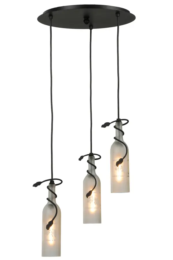 Capture the life of the party with the whimsical design of the Meyda Wine Bottle Pendant. It's so much fun that you may want to hang from it, but don't! Liven up a restaurant, club, or home with a pendant that does so much more than deliver light, it adds personality and pizzazz. Three Clear Glass Frosted wine bottles with Vine-like metal accents are custom configured at various heights from a Textured Black finished frame. The fixture is perfect for stairwells, entryways, and other spaces in homes, restaurants, hotels, pubs, nightclubs, wineries, and retailers. Connoisseurs will appreciate this pendant for its fine detail and charm. The overall height ranges from 14 to 72 inches, as the cords can be easily adjusted in the field to meet your exact lighting requirements. This rich-looking Tuscan Vineyard Etched Grapes 3 Light Wine Bottle Cascading Pendant is included in our American-made, American-designed, handcrafted Wine Bottle Lighting Collection. The fixture is manufactured in Yorkville, New York, and is UL and cUL listed for dry and damp locations. Take your finest bottle of wine, and Meyda will transform it into an everlasting personalized fixture of light. Contact us for more information on custom wine bottle lighting fixtures and lamps. We can also create custom lighting with beer bottles, mason jars, milk bottles, and other glass containers and vessels. Collection: Tuscan Vineyard Finish: Textured Black Glass: Clear Sanblasted/W Grape Design Width: 16.00" Height: 14.00" Length: 16.00" Weight: 9.50 lb Extension from Wall: 10.00" Number of Bulbs: 3 Maximum Wattage: 40.00 W Bulb Type: T6.5 Bulb Base: INT Material: Metal Country of Origin: USA Safety Listing: Damp Safety Rating: Damp