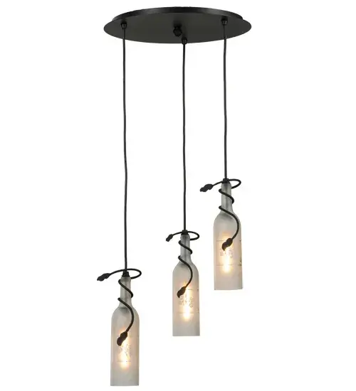 Capture the life of the party with the whimsical design of the Meyda Wine Bottle Pendant. It's so much fun that you may want to hang from it, but don't! Liven up a restaurant, club, or home with a pendant that does so much more than deliver light, it adds personality and pizzazz. Three Clear Glass Frosted wine bottles with Vine-like metal accents are custom configured at various heights from a Textured Black finished frame. The fixture is perfect for stairwells, entryways, and other spaces in homes, restaurants, hotels, pubs, nightclubs, wineries, and retailers. Connoisseurs will appreciate this pendant for its fine detail and charm. The overall height ranges from 14 to 72 inches, as the cords can be easily adjusted in the field to meet your exact lighting requirements. This rich-looking Tuscan Vineyard Etched Grapes 3 Light Wine Bottle Cascading Pendant is included in our American-made, American-designed, handcrafted Wine Bottle Lighting Collection. The fixture is manufactured in Yorkville, New York, and is UL and cUL listed for dry and damp locations. Take your finest bottle of wine, and Meyda will transform it into an everlasting personalized fixture of light. Contact us for more information on custom wine bottle lighting fixtures and lamps. We can also create custom lighting with beer bottles, mason jars, milk bottles, and other glass containers and vessels. Collection: Tuscan Vineyard Finish: Textured Black Glass: Clear Sanblasted/W Grape Design Width: 16.00" Height: 14.00" Length: 16.00" Weight: 9.50 lb Extension from Wall: 10.00" Number of Bulbs: 3 Maximum Wattage: 40.00 W Bulb Type: T6.5 Bulb Base: INT Material: Metal Country of Origin: USA Safety Listing: Damp Safety Rating: Damp - alternate view