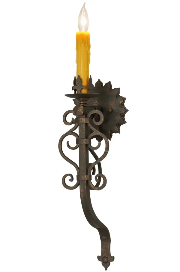 Designed as a sophisticated illuminating accent for any room or corridor. This classic-styled wall sconce features an Ivory faux candlelight perched on a bobeche, embraced by a curved arm. This elegant fixture offers a decorative Sunburst-styled wall plate and hardware in a Gilded Tobacco finish. This wall luminaire provides beautiful ambient illumination in living rooms, lobbies, conference rooms, and other residential, hospitality, and commercial spaces from Chesapeake, Virginia, to Winston Salem, North Carolina, to Reno, Nevada. The Sunburst Wall Sconce is featured in our American-made, American-designed, handmade Traditional Lighting Collection, manufactured in the USA. UL & cUL listed for dry and damp locations. Collection: Sunburst Finish: Gilded Tobacco Glass: Honey Amber Width: 6.50" Height: 23.00" Length: 6.50" Weight: 4.50 lb Extension from Wall: 6.50" Number of Bulbs: 1 Maximum Wattage: 60.00 W Bulb Type: B10 Bulb Base: E12 Material: Steel Country of Origin: USA Safety Listing: Dry Safety Rating: Damp