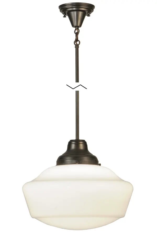 The Revival Schoolhouse Pendant reflects an authentic classic design. A perfectly formed traditional globe shade is handcrafted of White Opal Schoolhouse Glass with rich artisanship and style. Originally used in private residences, schools, galleries and libraries, this Schoolhouse electrical reproduction pendant is stem hung and will illuminate a broad range of interiors today. The pendant is enhanced with a Craftsman Brown finish. Domestically Produced in our 180,000 square foot manufacturing facility in Yorkville, New York. Shade colors, metal finishes and fixture sizes can be customized to your needs. UL and cUL listed for dry and damp locations. Collection: Revival Finish: Craftsman Brown Glass: White Opal Glass Width: 16.00" Height: 47.00" Length: 16.00" Weight: 8.00 lb Number of Bulbs: 1 Maximum Wattage: 60.00 W Bulb Type: A19 Bulb Base: E26 Material: Metal Country of Origin: USA Safety Listing: Damp Safety Rating: Damp