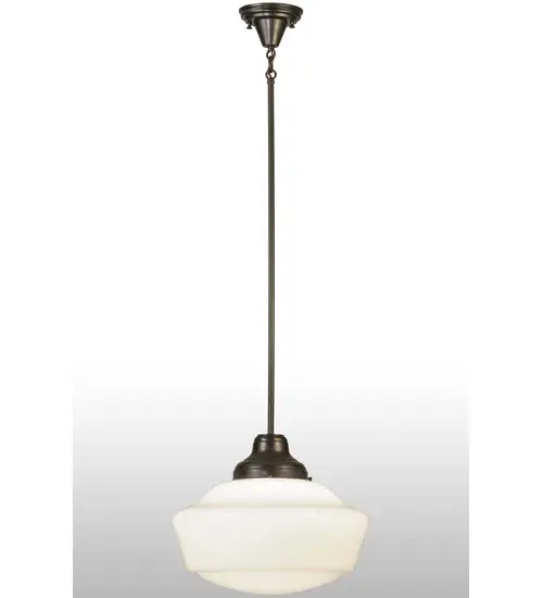 The Revival Schoolhouse Pendant reflects an authentic classic design. A perfectly formed traditional globe shade is handcrafted of White Opal Schoolhouse Glass with rich artisanship and style. Originally used in private residences, schools, galleries and libraries, this Schoolhouse electrical reproduction pendant is stem hung and will illuminate a broad range of interiors today. The pendant is enhanced with a Craftsman Brown finish. Domestically Produced in our 180,000 square foot manufacturing facility in Yorkville, New York. Shade colors, metal finishes and fixture sizes can be customized to your needs. UL and cUL listed for dry and damp locations. Collection: Revival Finish: Craftsman Brown Glass: White Opal Glass Width: 16.00" Height: 47.00" Length: 16.00" Weight: 8.00 lb Number of Bulbs: 1 Maximum Wattage: 60.00 W Bulb Type: A19 Bulb Base: E26 Material: Metal Country of Origin: USA Safety Listing: Damp Safety Rating: Damp - alternate view