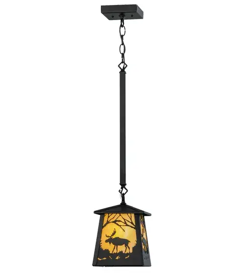 This nature-inspired mini pendant depicts a majestic Moose meandering through an enchanting forest as the early morning mist begins to clear, creating a beautiful spectacle with the rising sun. A power animal symbolizing confidence, wisdom, longevity, and steadfastness, the Moose is portrayed in all its glory in a Textured Black finish. The stunning shade features a beautiful Beige Art Glass lens with a dramatic Moose silhouette. Place the mini pendants in a group above a bar, kitchen island, or dining table to create a beautiful design statement. The overall height ranges from 33 to 146 inches, as the chain can be easily adjusted on location to meet your exact specifications. The Moose at Dawn Mini Pendant is included in the American-made, American-designed, handcrafted Wildlife Collection, which is manufactured in Yorkville, New York. The fixture is UL and cUL listed for dry and damp locations. Upstate New York's adventurous playland, known as the Adirondack Mountains, with its many breathtaking forests, lakes, and rivers, is the spiritual birthplace of Meyda and inspires our rustic-themed art glass collections. Collection: Moose At Dawn Finish: Textured Black Glass: Beige Art Glass Width: 10.00" Height: 33.00" Length: 7.00" Weight: 8.00 lb Number of Bulbs: 1 Maximum Wattage: 60.00 W Bulb Type: A19 Bulb Base: E26 Light Source: LED Material: Steel Country of Origin: USA Safety Listing: Damp Safety Rating: Damp LED - alternate view