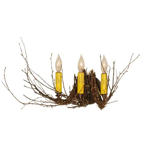 Bring Mother Nature into your home with Natural Hickory and Birchwood Twigs and Branches intertwined to create this wall sconce. 3 Ivory faux candlelights?appear to bud and grow from twigs and branches sustainably harvested by hand from low-hanging; tree-friendly sun growth in the Adirondack mountains. The sconce is enhanced with a warm Mahogany Bronze finish. Perfect for residential; restaurants; inns; lodges and retail applications. Handcrafted in our 180;000 square foot manufacturing facility in Yorkville; New York. Candlelight colors; metal finishes and fixture sizes can be customized to your needs. UL and cUL listed for dry and damp locations. - alternate view